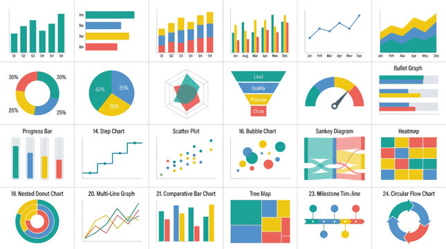 Infographics collection presents various colorful statistical charts and data visualization elements for professional business presentations.