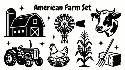 american farm icon set collection with agricultural tools animals crops barn tractor and rural countryside elements representing traditional farming lifestyle © Ethan
