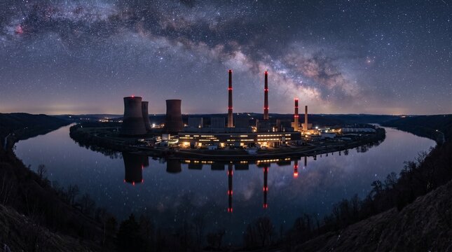 A spectacular night landscape of an industrial power plant with glowing lights reflecting on a river, dramatic nature, astrophotography scenery.
