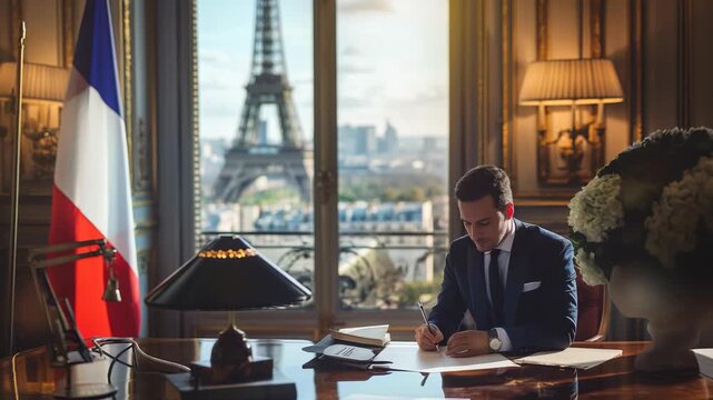 A man in a suit writes at a desk in an ornate office. Outside the window is a clear view of the iconic Eiffel Tower in Paris. The scene evokes a sense of importance and productivity.