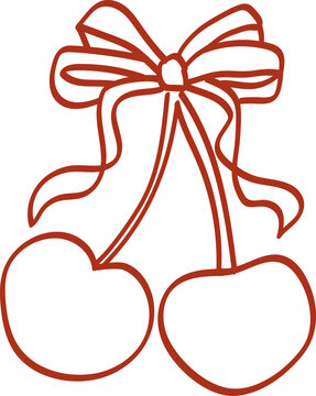 Hand drawn outline cherries with an ornate ribbon bow isolated on white background. A whimsical romantic line art illustration for wedding invitations, Valentine's Day decor, cute aesthetic designs.