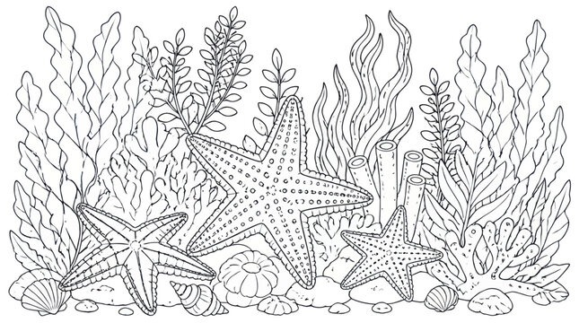 Underwater scene with starfish and seaweed