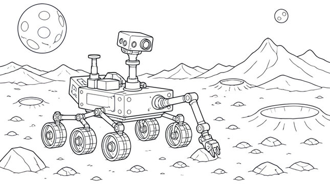 A robotic vehicle explores a barren, cratered planetary surface with celestial bodies overhead