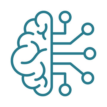 Digital artificial intelligence brain icon with connected circuit network nodes transparent background