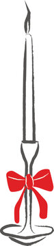 Hand-drawn vintage candlestick with a burning taper candle and red ribbon bow isolated on white background. A whimsical brush stroke illustration for romantic dinners, weddings, Valentine's Day decor.