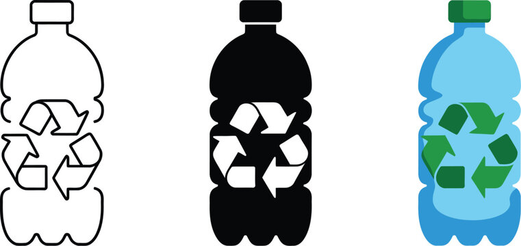 Recycled, plastic bottles logo icon, eco friendly packaging symbol with recycling arrows and leaves promoting waste reduction and sustainability.