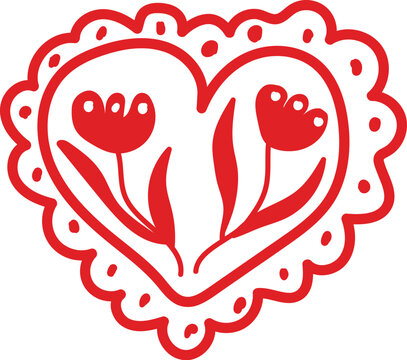Hand-drawn ruffled heart frame with tulip flowers isolated on white background. A whimsical brush stroke folk art illustration for Valentine's Day, weddings, and romantic cards. Vector illustration.