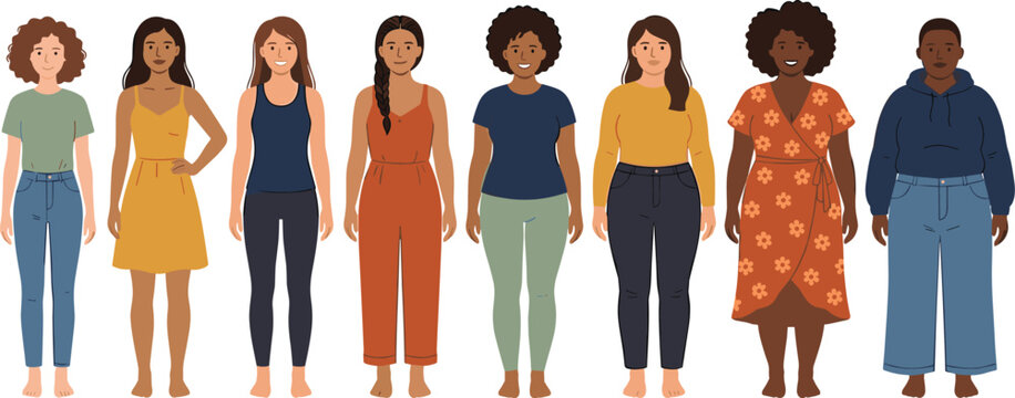 Diverse women vector illustration set featuring multiethnic female characters with different body types, plus size shapes, skin tones, and casual fashion outfits.