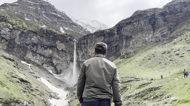 Sissu Falls in the Chandra valley observed from Leh - Manali highway, Himalayas, Jammu and Kashmir, Northern India.