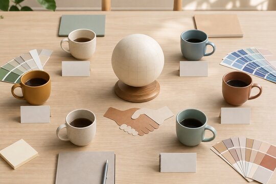 Global business culture concept with plain cups blank place cards glob