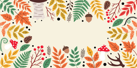 Autumn leaves and forest elements border on light background with central copy space © Sadhin07
