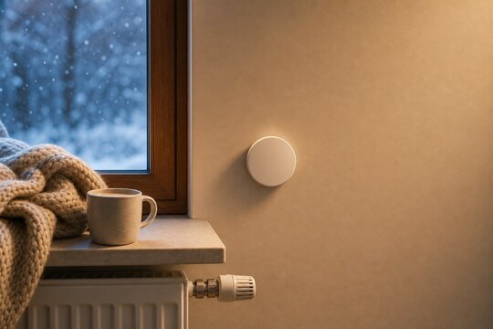 Cozy winter home energy saving scene with radiator wool blanket cerami