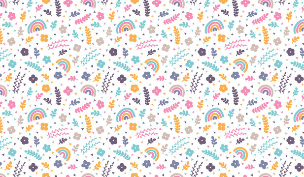 Seamless pattern featuring hand drawn rainbows and floral elements, seamless