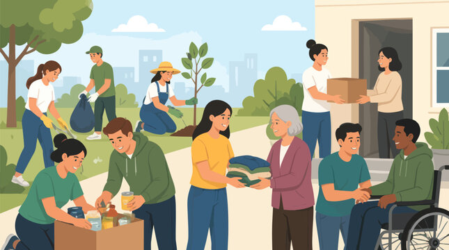 Diverse group of people engaged in community service and mutual aid activities