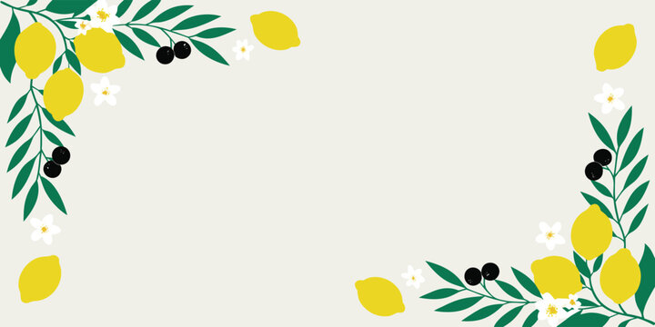 Mediterranean lemon and olive branch botanical border on beige