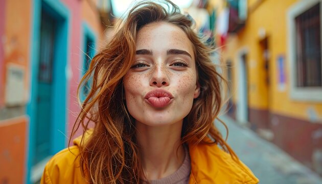 Woman with freckles and ginger hair poses in a colorful street, wearing yellow jacket
