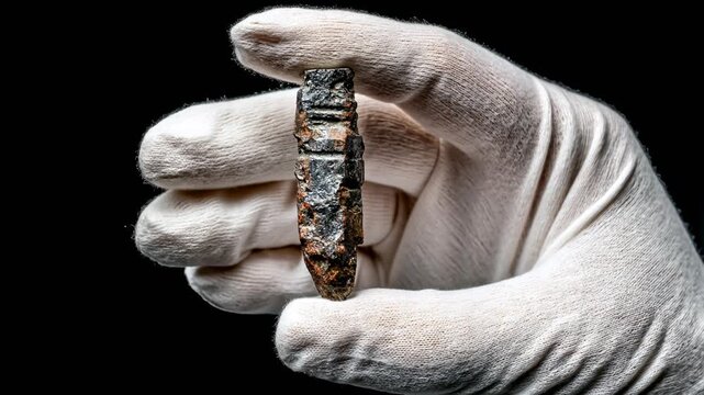 Hand holds meteorite sample against black background for close examination Generative AI