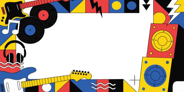 Music festival and rock concert theme frame with guitars, records, speakers, and headphones, colorful vector illustration