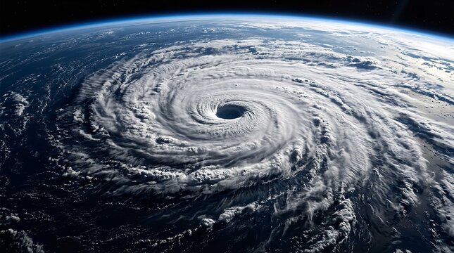 Massive swirling tropical cyclone seen from space with bright white clouds rotating over the dark blue surface of earth atmosphere