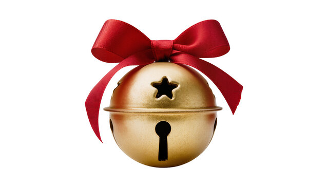 Golden jingle bell with red ribbon bow and cutouts