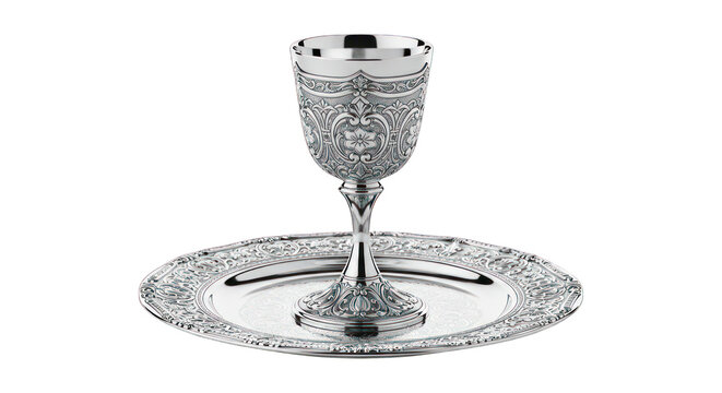 Ornate Silver Kiddush Cup and Tray Set for Jewish Ceremonies.