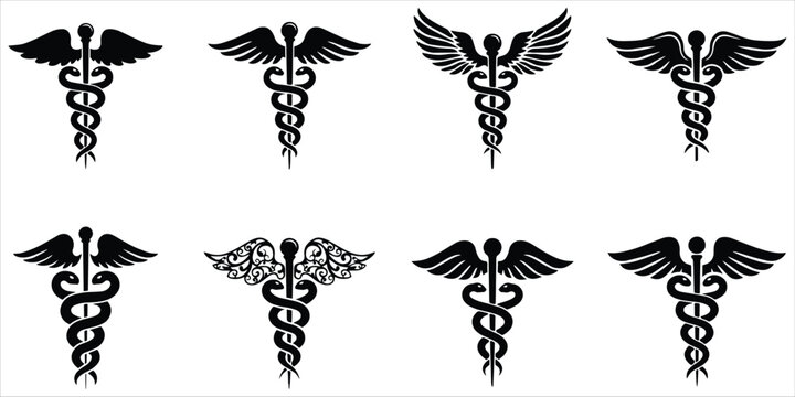 Collection of eight black caduceus medical symbols with wings on white Keywords: caduceus, medical, symbol, emblem, sign, icon