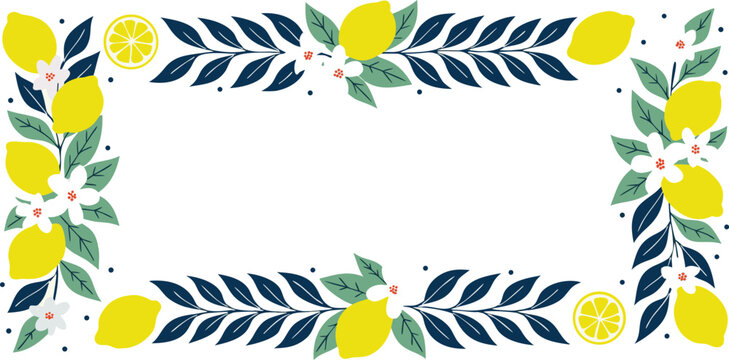 Stylish lemon and leaf border with citrus fruits and flowers