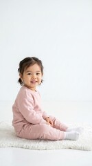 Naklejka premium Smiling toddler girl sitting on white rug in pink outfit. Concept of baby clothing ads, cozy home lifestyle, toddler portrait and family branding.