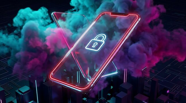 Cybersecurity concept illuminated smartphone with padlock icon over circuit board cityscape