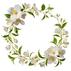 Vibrant circular wreath of fresh jasmine flowers and green leaves, isolated on a transparent background. © Kayleigh