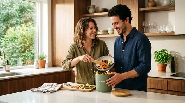 Couple smiling while composting organic food scraps.