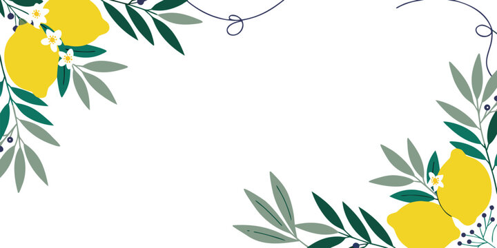 Summer lemon garden frame with berries and green leaves