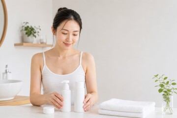 Naklejka premium 洗面台でボトルを持つ女性の朝ケア