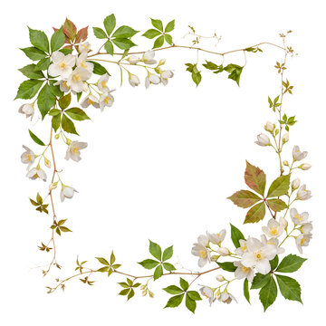Beautiful floral corner frame with white jasmine flowers and Virginia creeper leaves.