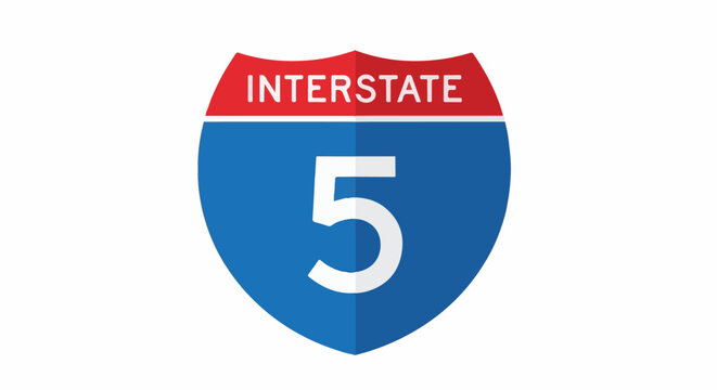 A red and blue shield-shaped sign with the word "INTERSTATE" and the number "5