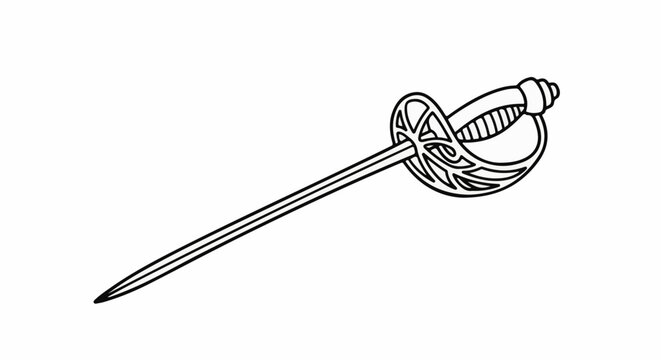 A stylized black and white illustration of a rapier sword on a white background