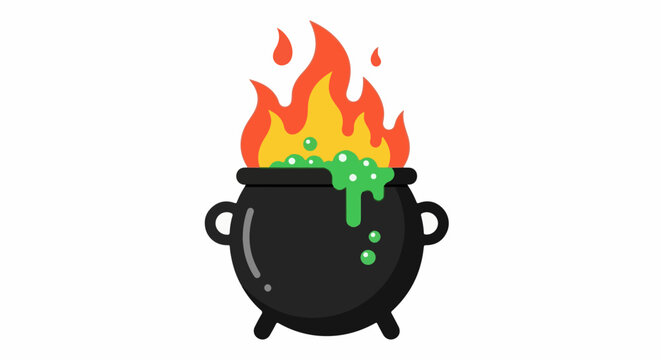 A black cauldron simmers with bubbly green liquid over bright orange and yellow flames