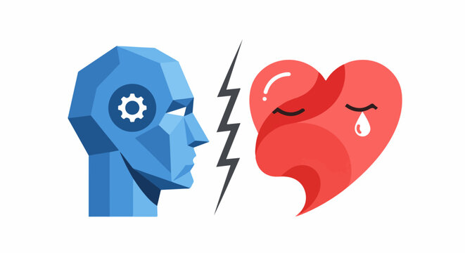 Abstract robot face and crying heart face with lightning between them