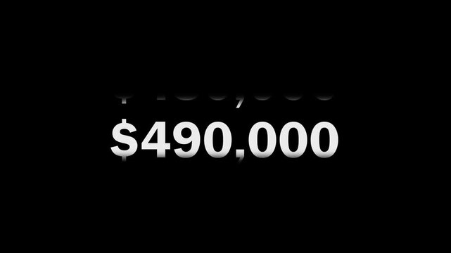 scrolling money dollar $0 to $500,000 with a dollar symbol icon on a black background or transparent background, 4k video