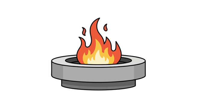 A simple, stylized illustration of a round, gray fire pit with a bright orange and yellow flame