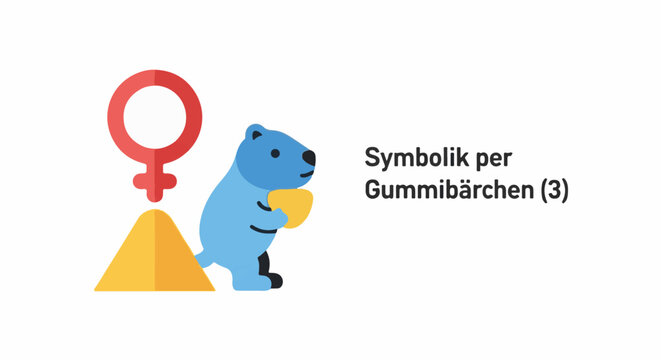 A blue cartoon bear holds a yellow object near a red female symbol and a yellow pyramid