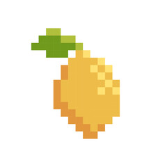 Fototapeta premium Cute lemon pixel art icon, sweet 8 bit yellow citrus fruit with leaf isolated vector illustration on white for cross stitch pattern design