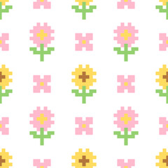 Naklejka premium Cute flower pixel art seamless pattern, sweet 8 bit blossom cross stitch pattern and embroidery vector background on white for nursery