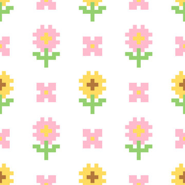 Cute flower pixel art seamless pattern, sweet 8 bit blossom cross stitch pattern and embroidery vector background on white for nursery