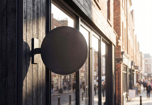 Black and wooden circular empty blank storefront signage Mockup. Generative ai