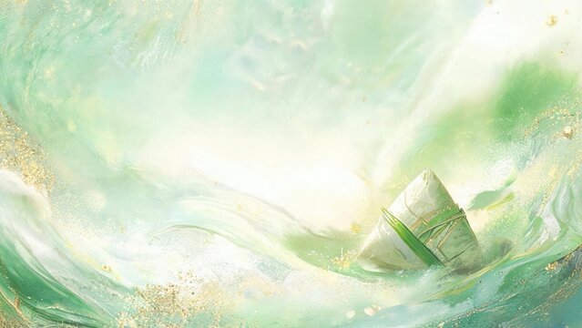 Growth mindset meets Dragon Boat Festival tradition with a serene zongzi emerging from flowing watercolor textures and golden sparkles