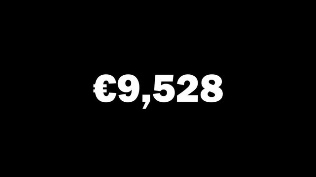 counting digital number increasing money euro from &euro;0 to &euro;10,000 and reverse animation from &euro;10,000  to &euro;0 with a euro symbol icon on a black background or transparent background, 4k video