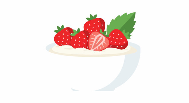 A bright, flat-style illustration of a bowl of creamy dessert topped with fresh strawberries and green leaves