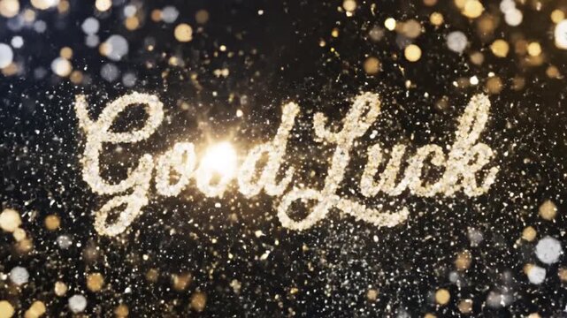 Sparkling 'Good Luck' text illuminated by a bright light against a dark background with scattered golden and white bokeh lights.
