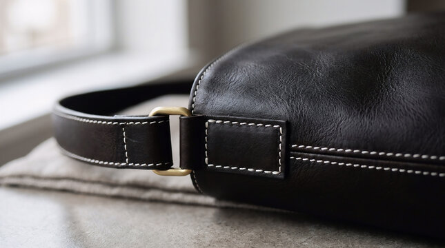 Close-up of a black luxury leather bag showing detailed stitching and a golden metal d-ring hardware